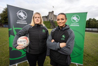 300524 - Picture shows Chief Executive Vicki Sutton and Captain Nia Jones outside Cardiff Castle as The LexisNexis Cardiff Dragons have been selected as one of the eight teams to enter the new phase of the Netball Super League (NSL)