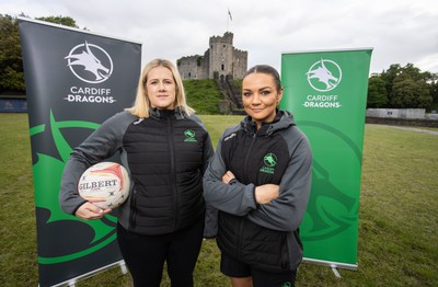 300524 - Picture shows Chief Executive Vicki Sutton and Captain Nia Jones outside Cardiff Castle as The LexisNexis Cardiff Dragons have been selected as one of the eight teams to enter the new phase of the Netball Super League (NSL)