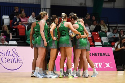 210525 - Cardiff Dragons v Birmingham Panthers - Netball Super League - Cardiff Dragons huddle