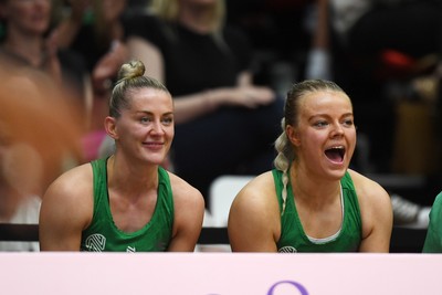 210525 - Cardiff Dragons v Birmingham Panthers - Netball Super League - Phillipa Yarranton and Alex Johnson of Cardiff Dragons on the bench