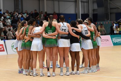 210525 - Cardiff Dragons v Birmingham Panthers - Netball Super League - Cardiff Dragons and Birmingham Panthers huddle at full time