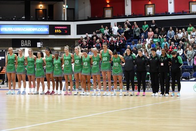 080624 - Cardiff Dragons v Leeds Rhinos - Vitality Netball Super League - Cardiff Dragons hold a minutes silence before the match