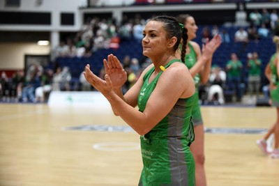 080624 - Cardiff Dragons v Leeds Rhinos - Vitality Netball Super League - Nia Jones of Cardiff Dragons applauding the fans at full time