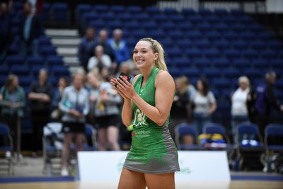 080624 - Cardiff Dragons v Leeds Rhinos - Vitality Netball Super League - Leah Middleton of Cardiff Dragons applauding the fans at full time