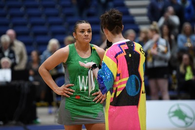 080624 - Cardiff Dragons v Leeds Rhinos - Vitality Netball Super League - Nia Jones of Cardiff Dragons speaks at full time