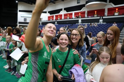 140625 - Cardiff Dragons v London Pulse - Netball Super League - Phillipa Yarranton of Cardiff Dragons with fans