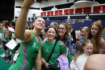 140625 - Cardiff Dragons v London Pulse - Netball Super League - Phillipa Yarranton of Cardiff Dragons with fans