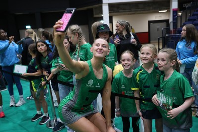 140625 - Cardiff Dragons v London Pulse - Netball Super League - Phillipa Yarranton of Cardiff Dragons with fans