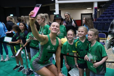 140625 - Cardiff Dragons v London Pulse - Netball Super League - Phillipa Yarranton of Cardiff Dragons with fans