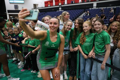 140625 - Cardiff Dragons v London Pulse - Netball Super League - Elle McDonald of Cardiff Dragons with fans