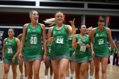 140625 - Cardiff Dragons v London Pulse - Netball Super League - Jacqui Newton and Alex Johnson of Cardiff Dragons