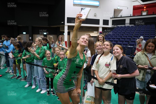 140625 - Cardiff Dragons v London Pulse - Netball Super League - Phillipa Yarranton of Cardiff Dragons with fans