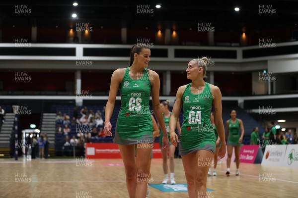 240525 - Cardiff Dragons v Loughborough Lightning - Netball Super League - Georgia Rowe and Phillipa Yarranton of Cardiff Dragons