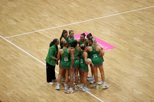 240525 - Cardiff Dragons v Loughborough Lightning - Netball Super League - Team huddle