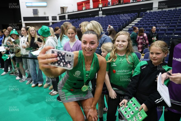 240525 - Cardiff Dragons v Loughborough Lightning - Netball Super League - Elle McDonald of Cardiff Dragons with fans