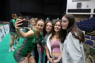 050425 - Cardiff Dragons v Manchester Thunder - Netball Super League - Victoria Booth of Cardiff Dragons with fans