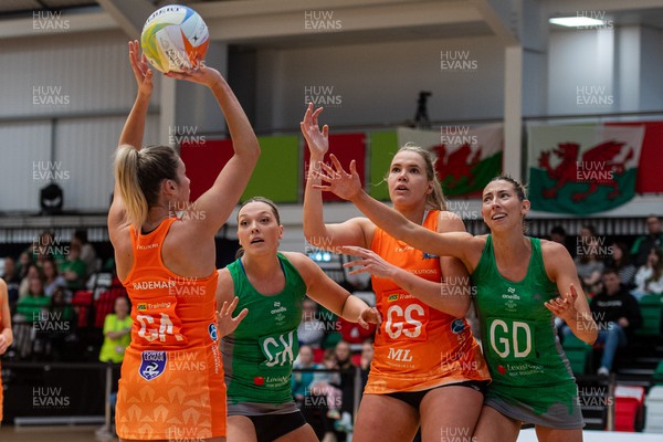 230324 - Cardiff Dragons v Severn Stars - Netball Super League - Leah Middleton and Jacqui Newton of Cardiff Dragons