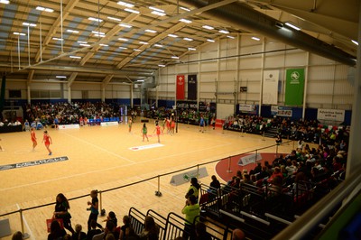 260424 - Cardiff Dragons v Strathclyde Sirens - Vitality Netball Super League - Wide shot of the match in action