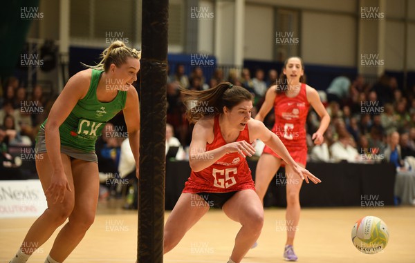 260424 - Cardiff Dragons v Strathclyde Sirens - Vitality Netball Super League - Leah Middleton of Cardiff Dragons is challenged by Bethan Goodwin of Strathclyde Sirens