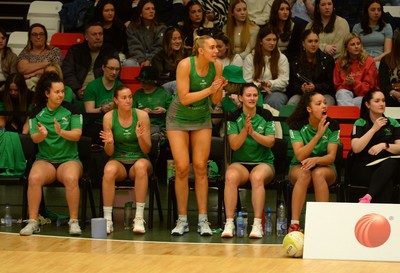 190424 - Cardiff Dragons v Surrey Storm - Vitality Netball SuperLeague - The Cardiff Dragons bench cheering on the team