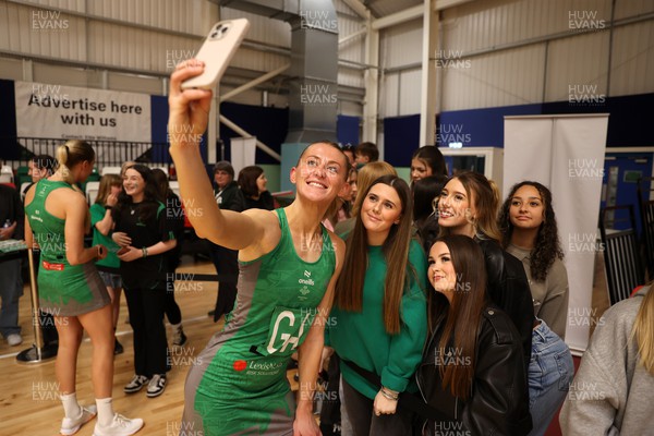 190424 - Cardiff Dragons v Surrey Storms - Vitality Netball Super League - Phillipa Yarranton of Cardiff Dragons with fans 