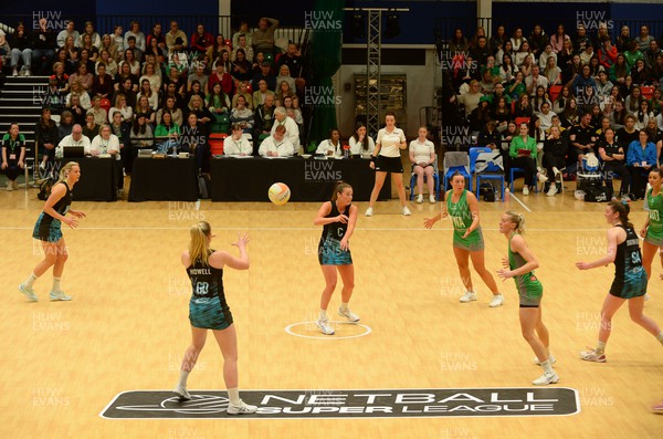 190424 - Cardiff Dragons v Surrey Storm - Vitality Netball SuperLeague - Top down view of the match in action from the balcony