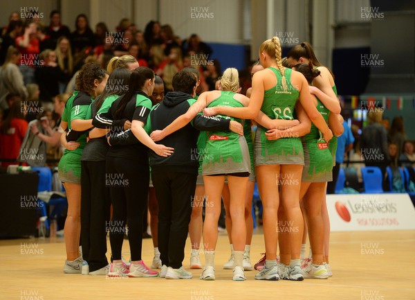 190424 - Cardiff Dragons v Surrey Storm - Vitality Netball SuperLeague - Cardiff Dragons huddle at the end of the game