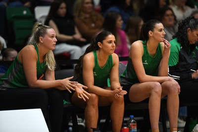 220225 - Cardiff Dragons v Birmingham Panthers - Netball Super League - The Cardiff Dragons bench watches over the match