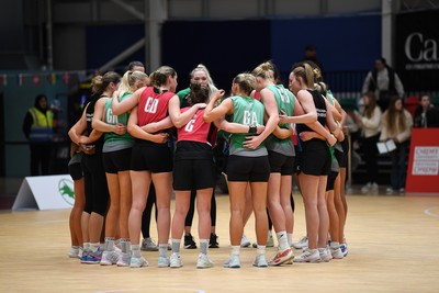 220225 - Cardiff Dragons v Birmingham Panthers - Netball Super League - Both sides huddle at full time