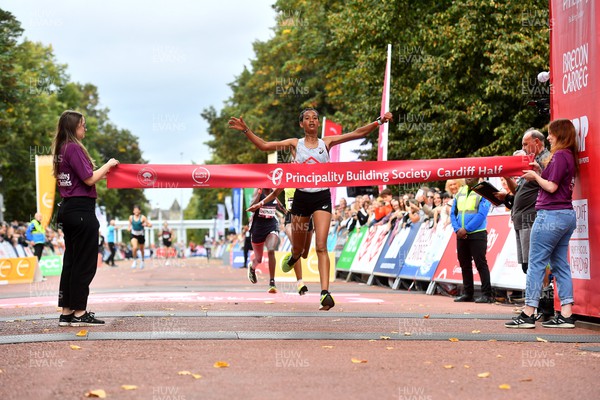 011023 - Principality Building Society Cardiff Half Marathon 2023 - Women's race winner Mestawut Fikir comes home just ahead of Aminet Ahmed and Viola Chepngeno