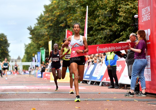 011023 - Principality Building Society Cardiff Half Marathon 2023 - Women's race winner Mestawut Fikir comes home just ahead of Aminet Ahmed and Viola Chepngeno