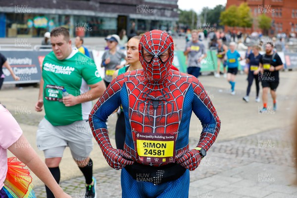 011023 - Principality Building Society Cardiff Half Marathon 2023 - Cardiff Bay - Runner dressed as Spider-Man