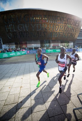 061019 - Cardiff Half Marathon 2019 - The race leaders make their way through Cardiff Bay, Roald Dahl Plas and past the Wales Millennium Centre at the halfway point of the race