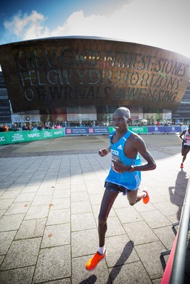 061019 - Cardiff Half Marathon 2019 - The race leaders make their way through Cardiff Bay, Roald Dahl Plas and past the Wales Millennium Centre at the halfway point of the race