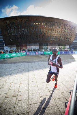 061019 - Cardiff Half Marathon 2019 - The race leaders make their way through Cardiff Bay, Roald Dahl Plas and past the Wales Millennium Centre at the halfway point of the race