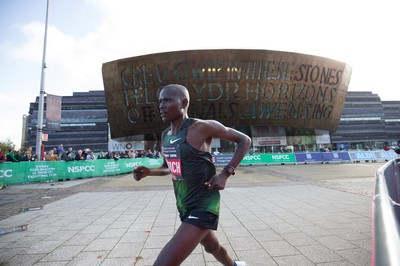 061019 - Cardiff Half Marathon 2019 - The race leaders make their way through Cardiff Bay, Roald Dahl Plas and past the Wales Millennium Centre at the halfway point of the race