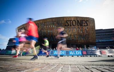 061019 - Cardiff Half Marathon 2019 - Runners make their way through Cardiff Bay, Roald Dahl Plas and past the Wales Millennium Centre at the halfway point of the race