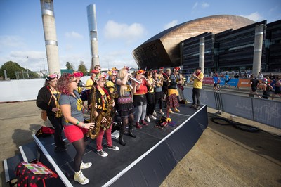 061019 - Cardiff Half Marathon 2019 - Runners make their way through Cardiff Bay, Roald Dahl Plas and past the Wales Millennium Centre at the halfway point of the race