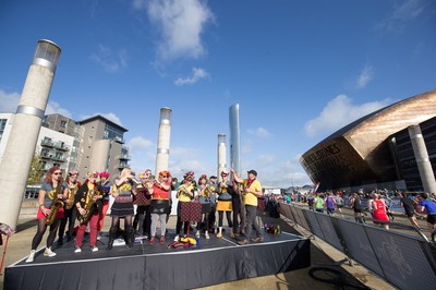 061019 - Cardiff Half Marathon 2019 - Runners make their way through Cardiff Bay, Roald Dahl Plas and past the Wales Millennium Centre at the halfway point of the race