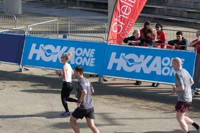 061019 - Cardiff Half Marathon 2019 - Runners make their way through Cardiff Bay, Roald Dahl Plas and past the Wales Millennium Centre at the halfway point of the race