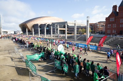 061019 - Cardiff Half Marathon 2019 - Runners make their way through Cardiff Bay, Roald Dahl Plas and past the Wales Millennium Centre at the halfway point of the race