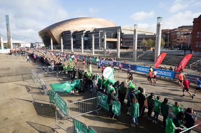 061019 - Cardiff Half Marathon 2019 - Runners make their way through Cardiff Bay, Roald Dahl Plas and past the Wales Millennium Centre at the halfway point of the race