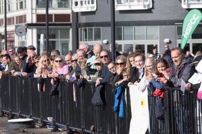 061019 - Cardiff Half Marathon 2019 - Runners make their way through Cardiff Bay, Roald Dahl Plas and past the Wales Millennium Centre at the halfway point of the race