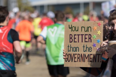 061019 - Cardiff Half Marathon 2019 - Runners make their way through Cardiff Bay, Roald Dahl Plas and past the Wales Millennium Centre at the halfway point of the race