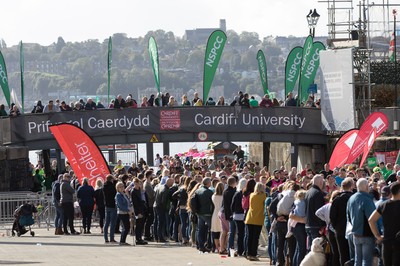 061019 - Cardiff Half Marathon 2019 - Runners make their way through Cardiff Bay, Roald Dahl Plas and past the Wales Millennium Centre at the halfway point of the race