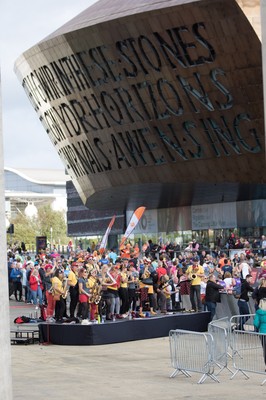 061019 - Cardiff Half Marathon 2019 - Runners make their way through Cardiff Bay, Roald Dahl Plas and past the Wales Millennium Centre at the halfway point of the race