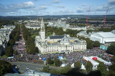 061019 - Run4Wales - Cardiff University Cardiff Half Marathon 2019 - Runners pouring into King Edward VII Avenue at the finish line