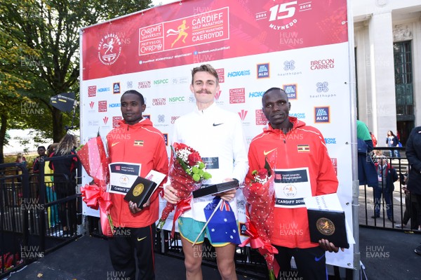 071018 - Cardiff University Cardiff Half Marathon - Fred Musobo, Jack Rayner (winner) and Timothy Toroitch 