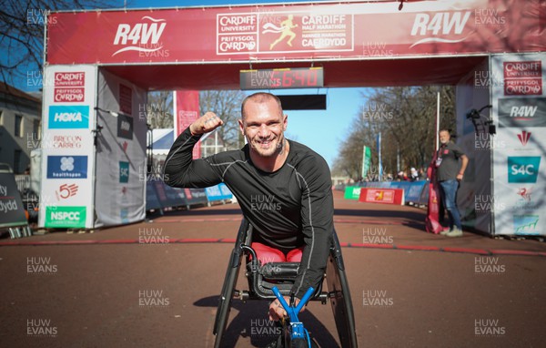 270322 - Cardiff University Cardiff Half Marathon - Sam Kolek after winning the Wheelchair Race