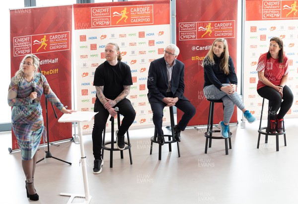 210322 Cardiff University Cardiff Half Marathon Event and Race T Shirt Reveal - Laura- Jane Jones hosts the launch event with artist Nathan Woburn who designed the race T shirt, Race Director Steve Brace,and Hannah Barrett and Sian McCarthy who will be running the Cardiff Half Marathon